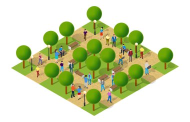 Güneşli bir günde ağaçların, bankların ve insanların yürüdüğü, rahatladığı ve sosyalleştiği bir şehir parkı manzarası.