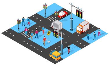 İzometrik şehir kavşağında yaya geçitleri ve trafik ışığı kontrollü yaya geçitlerinden geçen araçlar görülüyor.