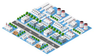 Fabrikaları, fabrikaları, depoları ve ofis binaları olan modern bir sanayi bölgesi.