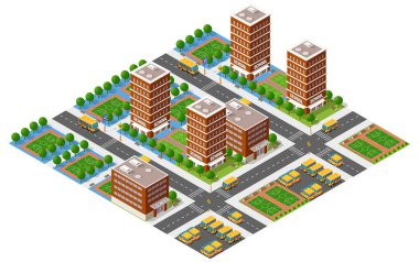 Birden fazla okul binası, okul otobüsü ve basketbol sahası olan bir okul bölgesinin Isometric illüstrasyonu
