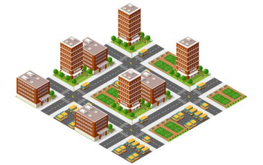 Yol ayrımında okul binaları ve okul otobüsleri olan bir okul bölgesinin Isometric çizimi