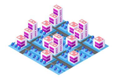 Gökdelenleri, caddeleri, yaya geçitleri ve ağaçları olan modern bir şehir merkezinin Isometric çizimi