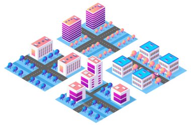 Renkli binaları olan canlı izometrik şehir, modern kentsel yaşam ve gelişim kavramlarını temsil ediyor.