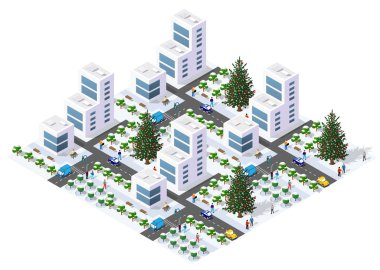 Sokakları, yolları, arabaları, yayaları, ağaçları, gökdelenleri, binaları, yılbaşı arifesinde karla kaplı dekore edilmiş Noel ağaçları olan Isome şehri.