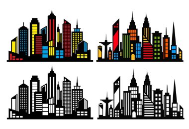 Renkli gökdelenleri ve modern mimarisi ile canlı şehir silueti gökyüzüne karşı çarpıcı bir siluet oluşturur, seyahat temaları için mükemmeldir.