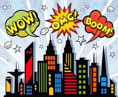 Renkli çizgi roman tarzı şehir manzarası vay ve bum konuşma baloncuklarıyla patlıyor.