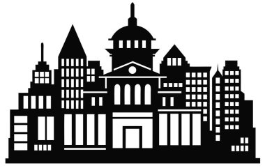 Siyah ve beyaz şehir manzarası, sütunları olan büyük bir hükümet binası tarafından yönetiliyor.