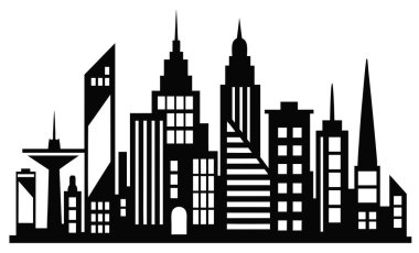 Bu siyah ve beyaz vektör illüstrasyonu, merkezinde önemli bir hükümet binası bulunan bir şehir manzarasını gösteriyor.