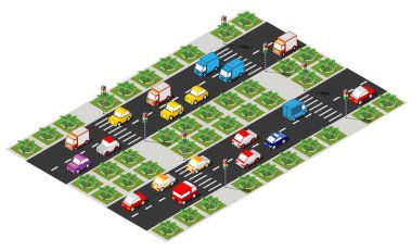 Yaya geçitleri ve trafik ışıkları olan bir yolda araba ve kamyonlarla Isometric şehir trafiği