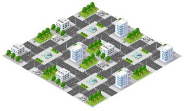 Gökdelenleri, yolları ve parkları ekolojik ve keyifli bir şekilde kentsel yaşamı gösteren modern izometrik şehir.