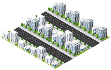 Gökdelenleri ve yolu olan modern şehir merkezi izometrik bir manzaraya sahiptir.