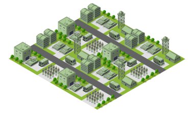 Tankları, üniformalı askerleri, binaları ve askeri araçları olan askeri bir üssü temsil eden Isometric illüstrasyon