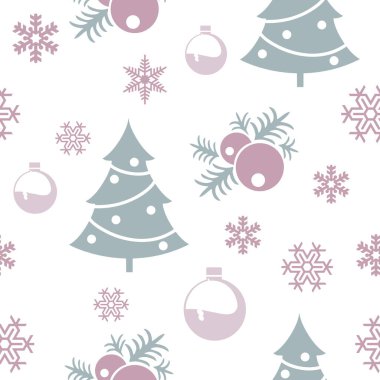 Noel ağaçlarının, Noel süslerinin ve kar tanelerinin aralıksız dizayn edildiği kusursuz bir Noel deseni.