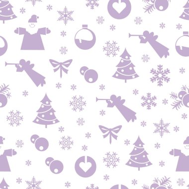 Noel Baba, melekler, Noel ağaçları, kar taneleri, kalpler, süsler ve yayları gösteren kusursuz bir desen.