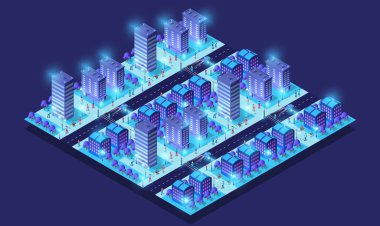 Isome akıllı şehir konsepti. Gece sokakta yürüyen iş adamları ve parlayan binalar.