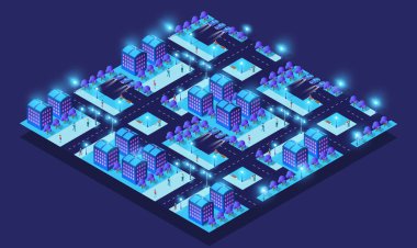 Gökdelenleri, caddeleri, ağaçları, arabaları ve geceleri yürüyen vatandaşları olan Isome akıllı şehri.