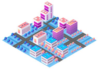 Gökdelenleri, yolları ve ağaçları olan modern bir izometrik şehirde araba sürüyor.