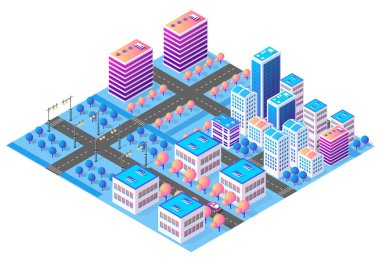 Renkli gökdelenleri, yolları, ağaçları ve sokak lambaları olan canlı bir şehir merkezinin Isometric illüstrasyonu