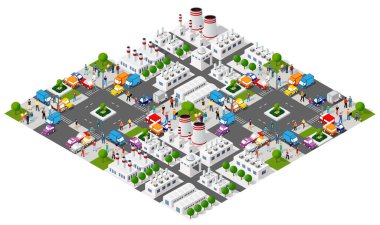 Yollarda yürüyen ve araba kullanan pek çok vatandaşın olduğu Isometric şehri, fabrikalar çevreyi kirletiyor