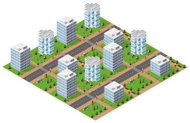 İzometrik tarzda yaratılmış, parkta yürüyen ve dinlenen insanların olduğu modern bir şehir tasviri