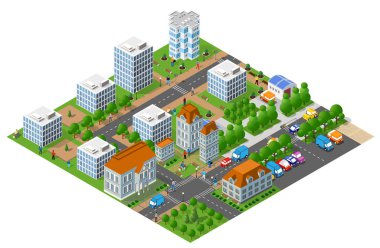 Modern izometrik şehir, kaldırımlarda yürüyen insanlar, yollarda araba süren ve devriye gezen nakliye kamyonları...