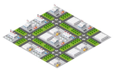 Fabrikaları, santralleri ve depoları olan Isometric sanayi şehri haritası, yoğun trafiği olan bir sanayi bölgesini gösteriyor.