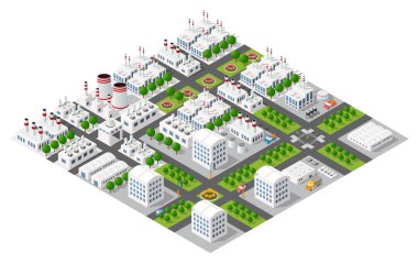 Ürün ve hizmet üreten fabrikaları, ofisleri, gökdelenleri ve yeşil alanları olan Isometric sanayi şehri