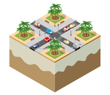 Kavşakta, palmiye ağaçlarında, banklarda ve fenerlerde giden araçlarla Isometric şehir illüstrasyonu