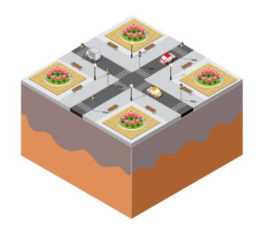 Trafik ışıkları, arabalar, çiçek yatakları, banklar ve sokak ışıklarının yer aldığı Isometric şehir kavşak çizimi