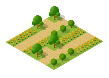 Ağaçların ve çiçeklerin yol boyunca büyüdüğü Isometric Park