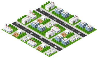 Fabrikaları ve sanayi binaları olan Isometric şehri, otomobiller yolda giderken ürün üretiyor ve hizmet sunuyor