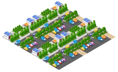Yeşil ağaçlarla çevrili caddelerde park etmiş ve araba kullanan Isome şehri.