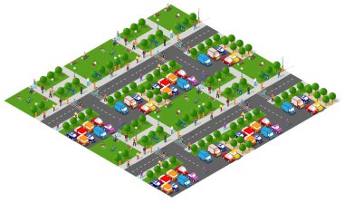 Yolları arabalarla dolu Isometric şehir parkı ve yürüyen, rahatlatan, spor yapan ve yaz tatilinin tadını çıkaran vatandaşlar.