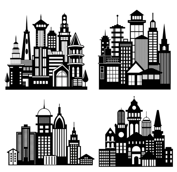 Dört farklı şehir silueti yükseliyor, tek renkli renklerde çeşitli mimari stiller sergileniyor, hareketli şehir merkezlerini temsil ediyor.