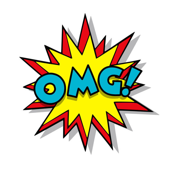 Яркий, звездообразный речевой пузырь передает изумление текстом omg, фиксируя момент внезапного осознания или волнения