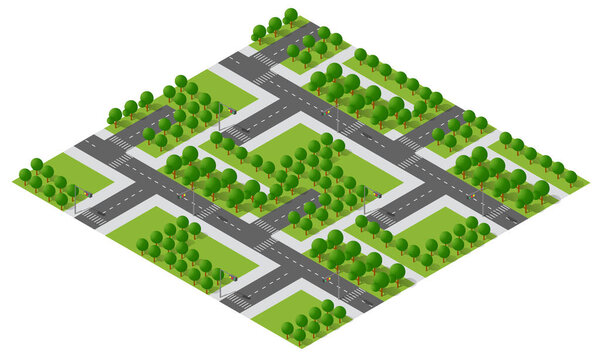 Isometric city map with many roads, intersections, green lawns, and trees, representing an ecological and sustainable city