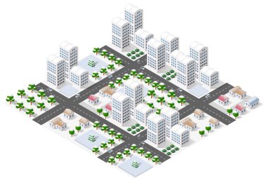 Kar kaplı binalar, yollar, ağaçlar ve arabalar kış boyunca hareketli olan modern şehir merkezi
