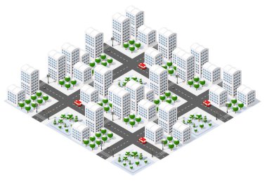 Kış boyunca yollarda bir sürü bina ve araba gezen Isometric şehri