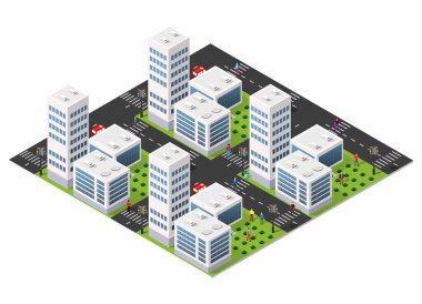 Yaya geçitlerinde yürüyen insanların ve caddelerde giden arabaların olduğu modern şehir, izometrik bir manzara.