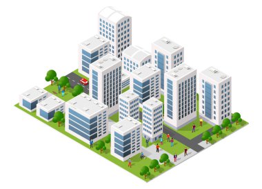 Gökdelenleri, ofisleri, yolları, ağaçları olan ve parkta yürüyüp dinlenen Isometric şehir merkezi.