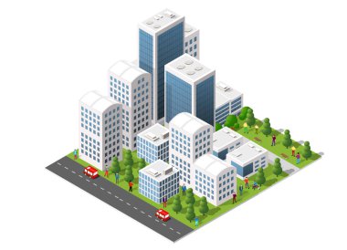 Gökdelenleri, ofisleri, apartmanları, yeşil alanları ve yürüyen, işe giden veya parkın tadını çıkaran modern şehir merkezi.