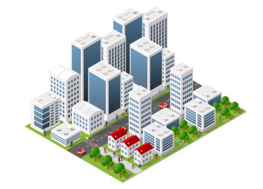 Gökdelenleri, ofisleri ve konutları olan Isometric şehir, sokakları, arabaları ve yürüyen insanları olan