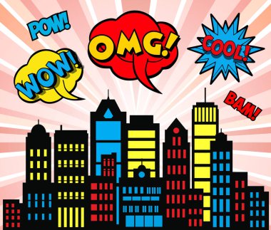 Şehir silueti renkli çizgi roman tarzı grafiklerle dolup taşıyor. Pow, wow, omg, cool, and bam