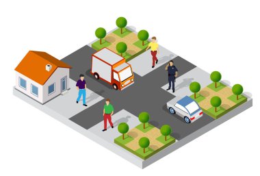 Paket teslimatı yapan Isometric şehir caddesi, devriye arabasının yanında duran polis ve yolda yürüyen insanlar.