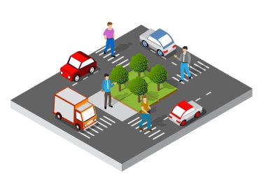 Yürüyen insanların ve araba kullanan insanların olduğu Isometric şehir kavşağı, modern kentsel ulaşım altyapısı çizimi