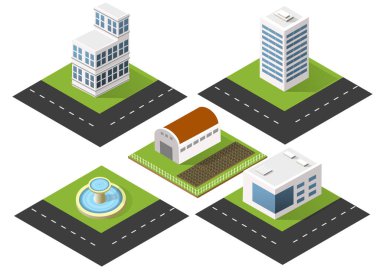 Ofisler, çiftlik ve yolları olan yeşil meydanda duran bir çeşme de dahil olmak üzere Isometric şehir binaları kuruldu.
