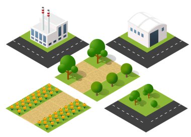 Şehrin farklı bölgelerini gösteren karolar. Fabrika, depo, park ve çiçek bahçesi de dahil.