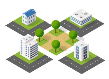Isometric şehir haritası oluşturucu elementleri modern binaları temsil ediyor, ağaçlarla ve yollarla park ediyor