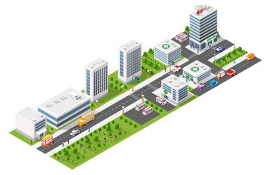 Isometric 3d illüstrasyon parkı ağaçları orman doğa doğa doğa doğa doğa doğa tasarımı için beyaz arka plan. Vektör izole edildi. Bir şehir haritası, oyunlar ve kasaban için