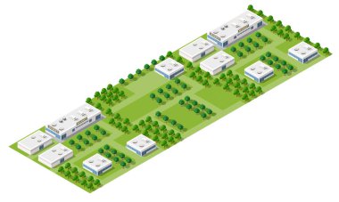 Yeşil çimenlikteki ağaçlarla çevrili, mimari projeler ya da şehir planlama kavramları için mükemmel modern bir bina.